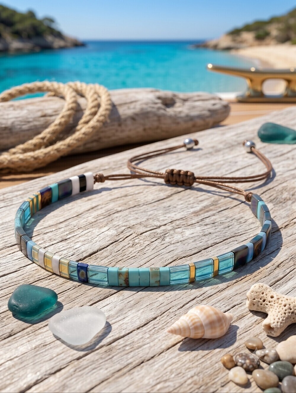 Tila Bead Bracelet Ocean Teal Olive Sand Coastal Glass Layering Adj 6-9"